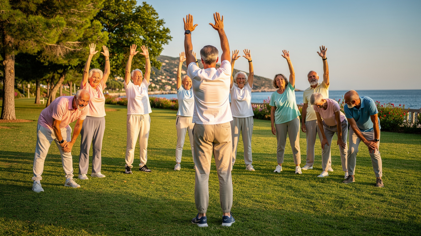 Seniors doing a gentle group exercise class outdoors